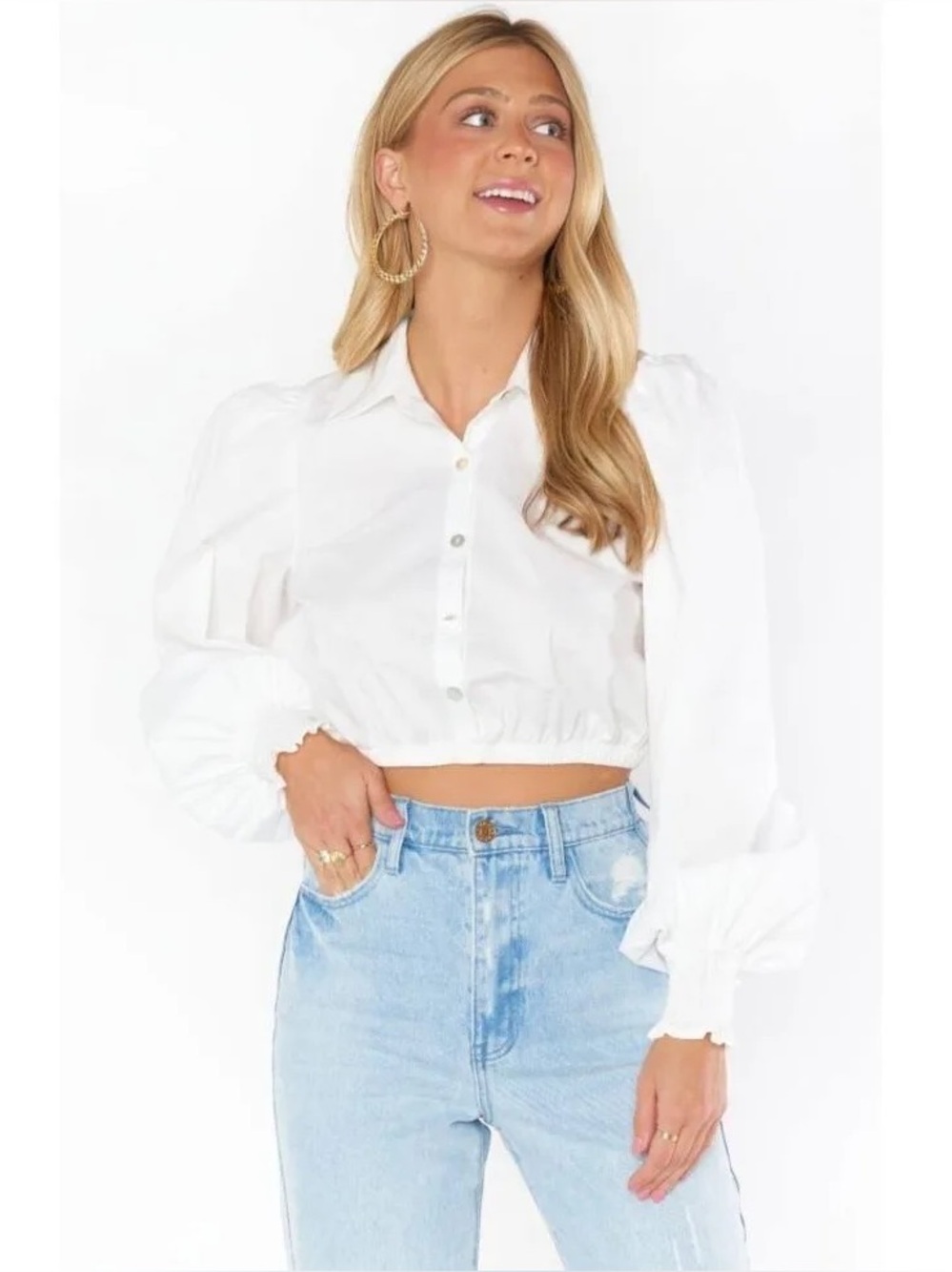 Show Me Your MuMu Count On Me Crop Long Sleeve Collared White Top Size S